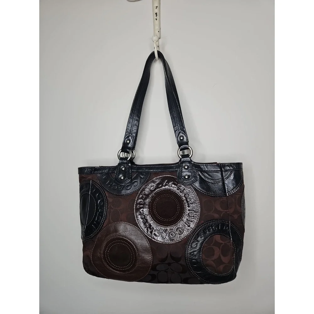 Coach Bag Circle Patchwork F15466 Brown Black Suede Leather East West Tote